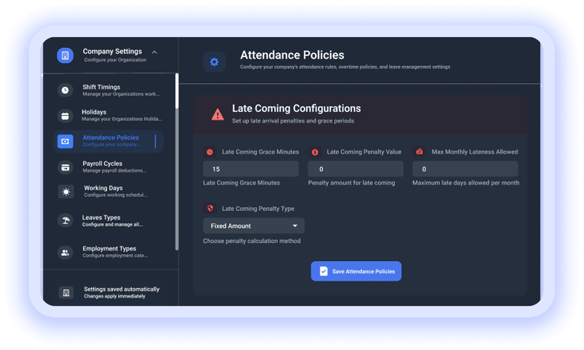 Monthly attendance summary with login and logout times, status badges, and present and absent counts