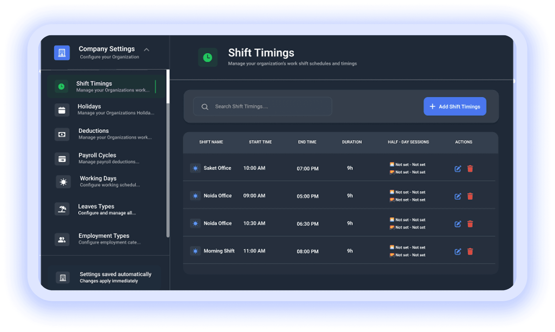Shift timings dashboard listing shift names, start and end times, duration, and actions