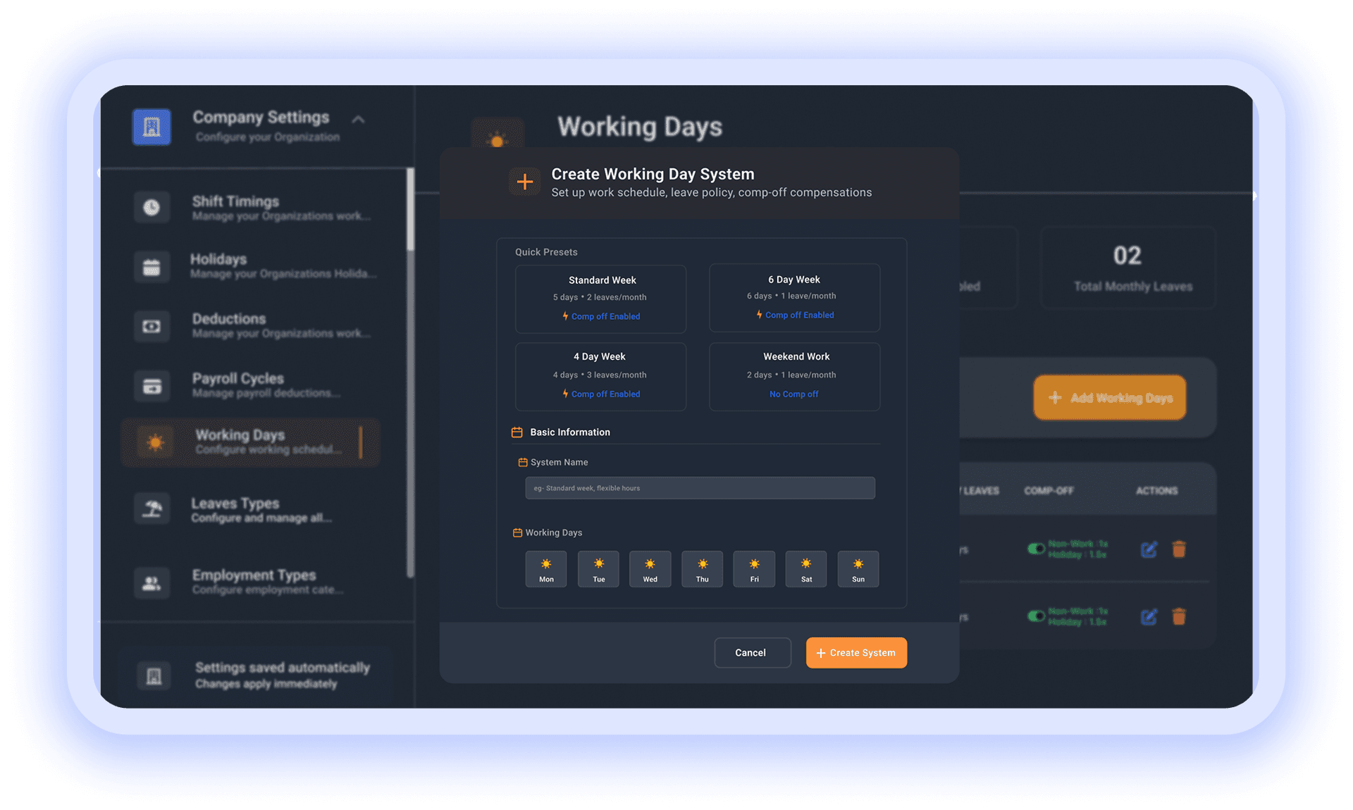 Working days settings with presets for standard week, six-day week, and custom weekend configurations
