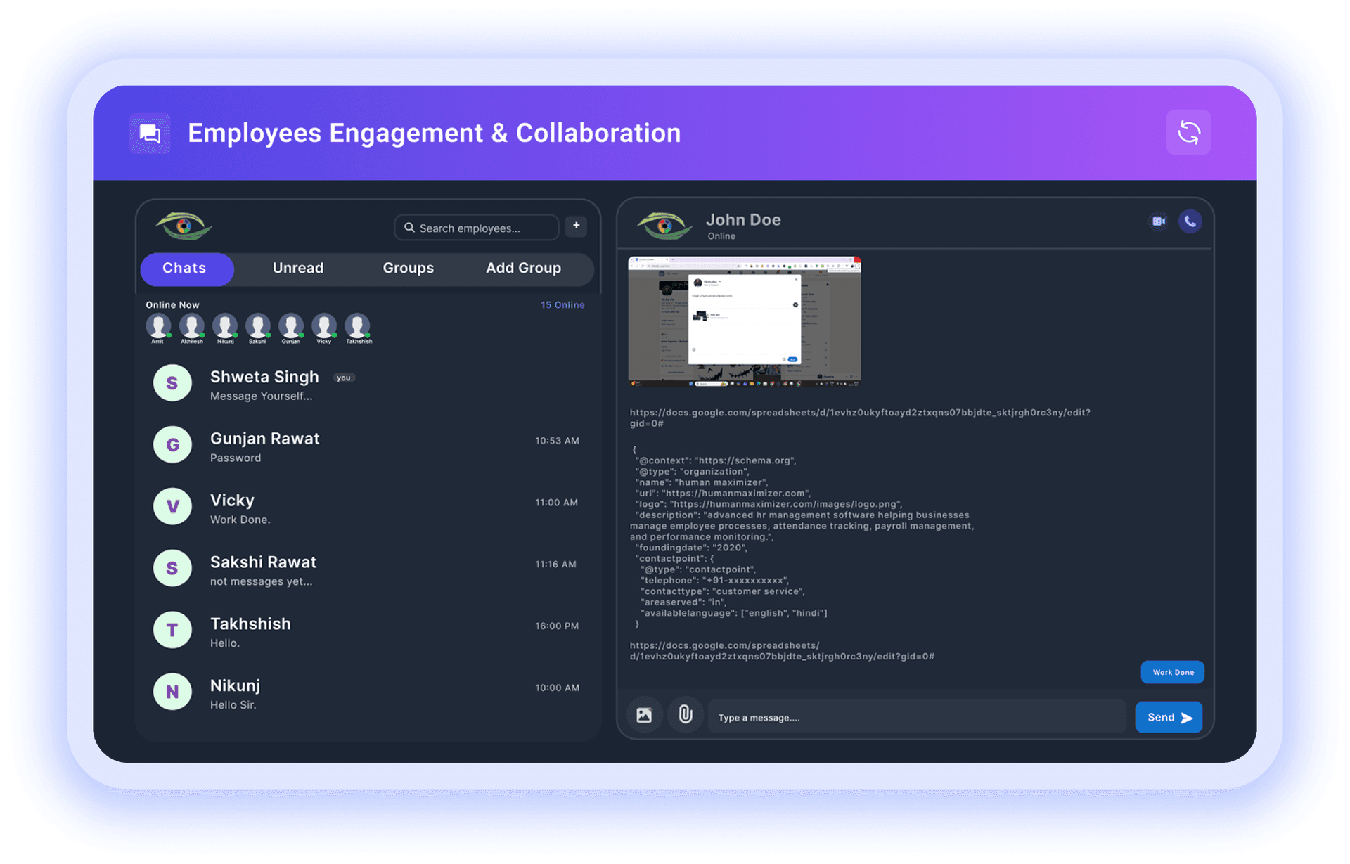 Employee engagement and collaboration chat with sidebar, threads, and message composer