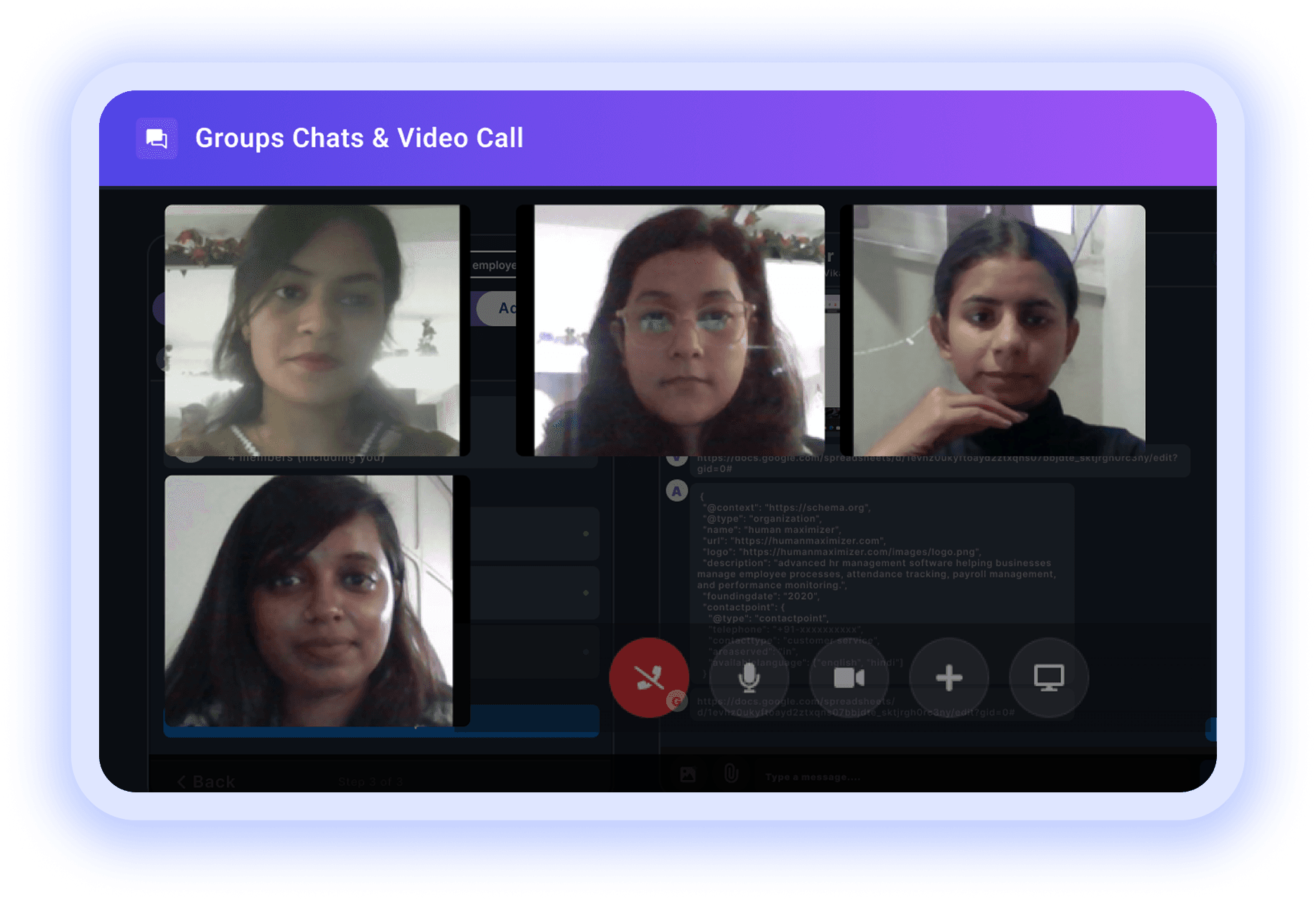 Group video call grid with mute, camera, and end-call controls