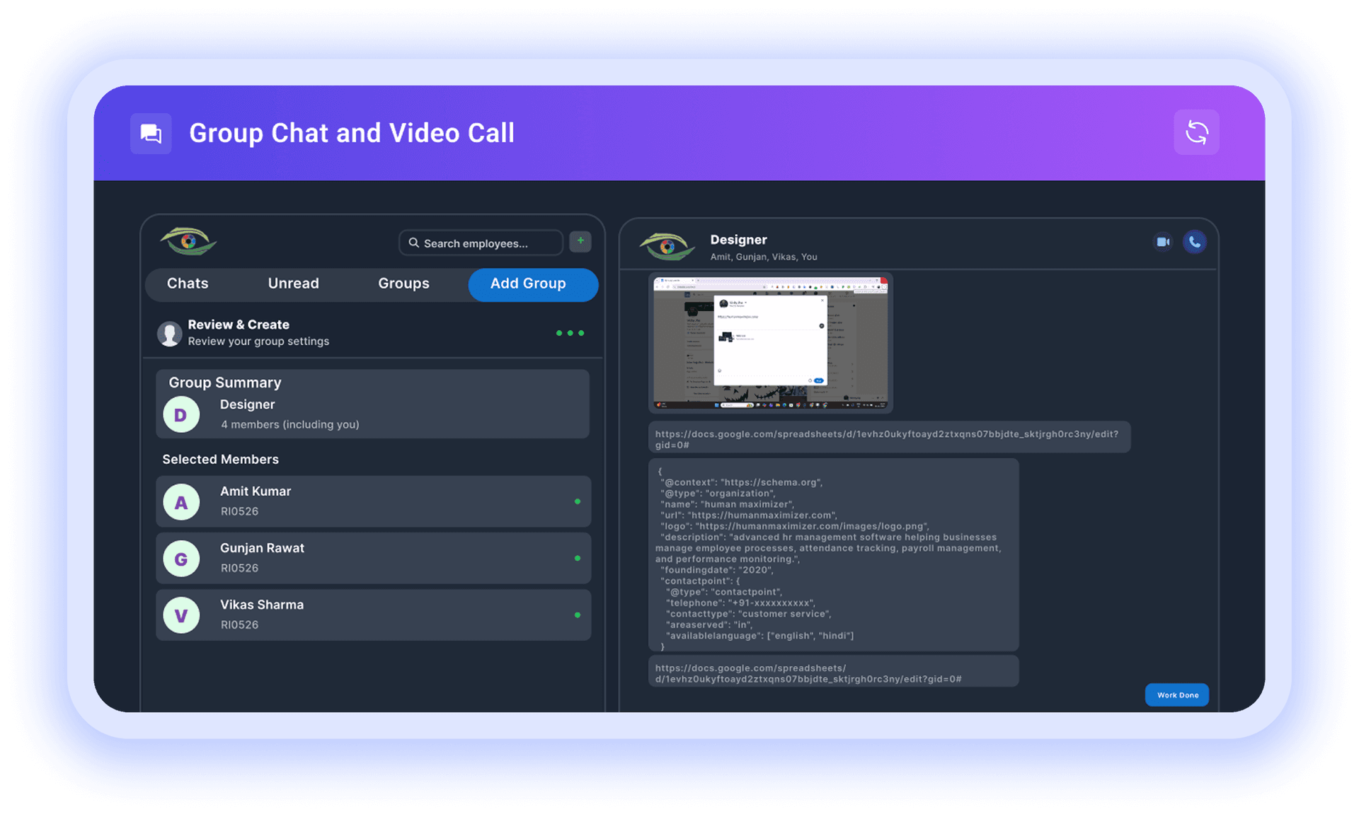 Group chat creation with member selection, summary, and review steps