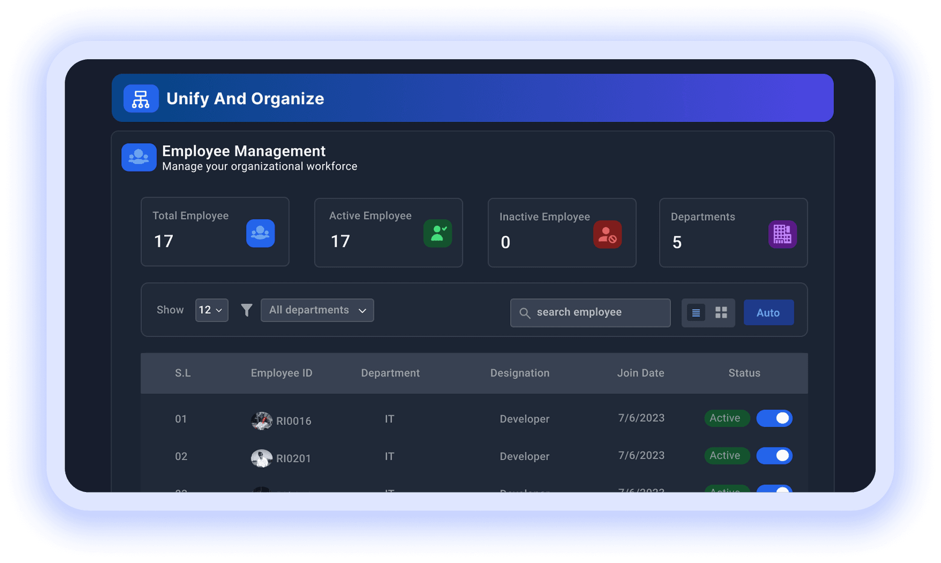 Unify and organize employee directory with totals, filters, and workforce table