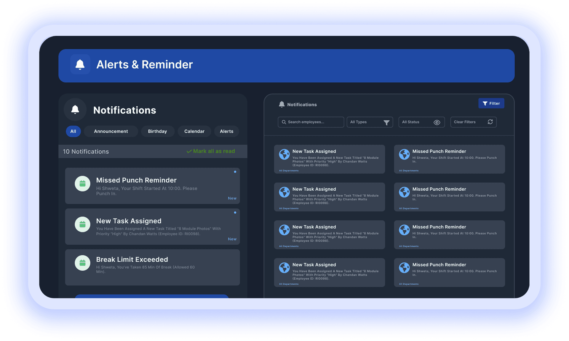 Alerts and reminder dashboard showing notifications for tasks and attendance