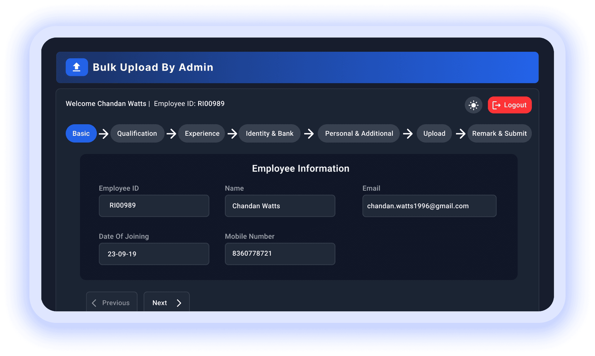 Bulk upload by admin workflow with employee information steps