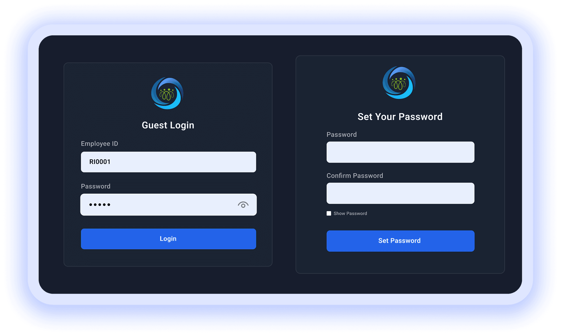 Guest login and set password screens for employee self-onboarding