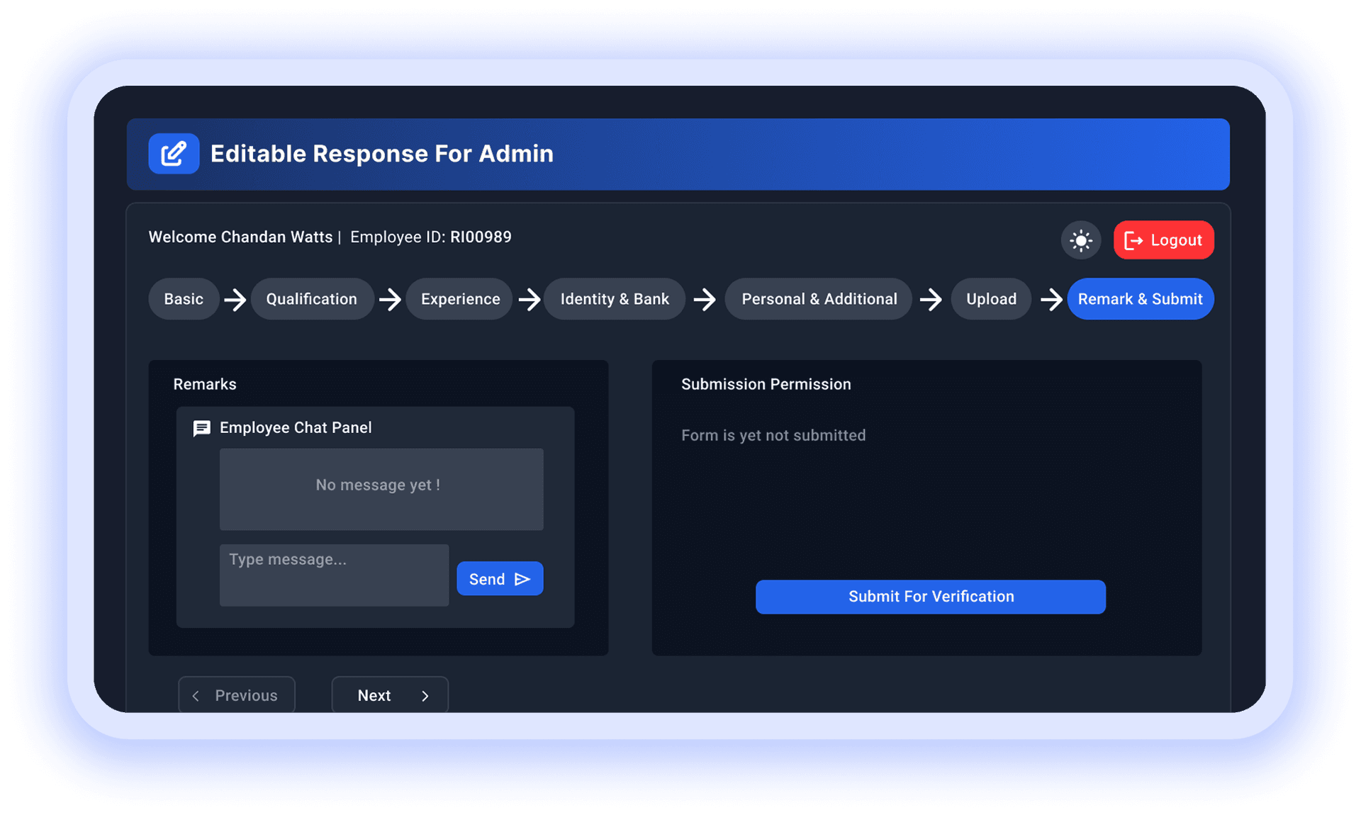 Admin interface for reviewing onboarding responses, progress steps, and submit for verification