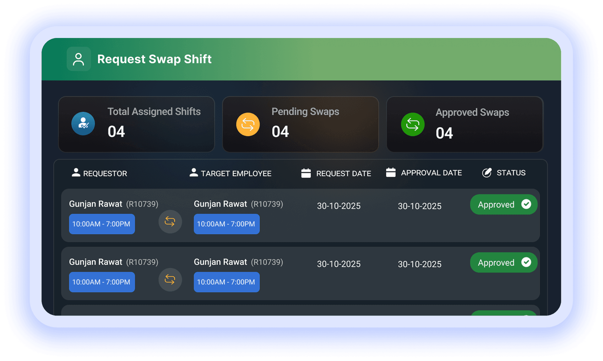 Request swap shift dashboard with pending and approved swap counts