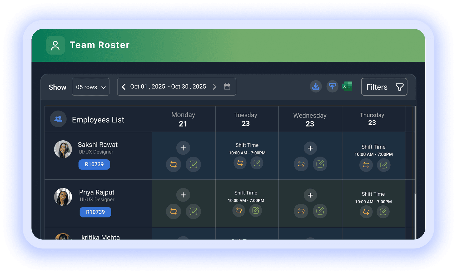 Team roster weekly calendar with employee shifts and filters