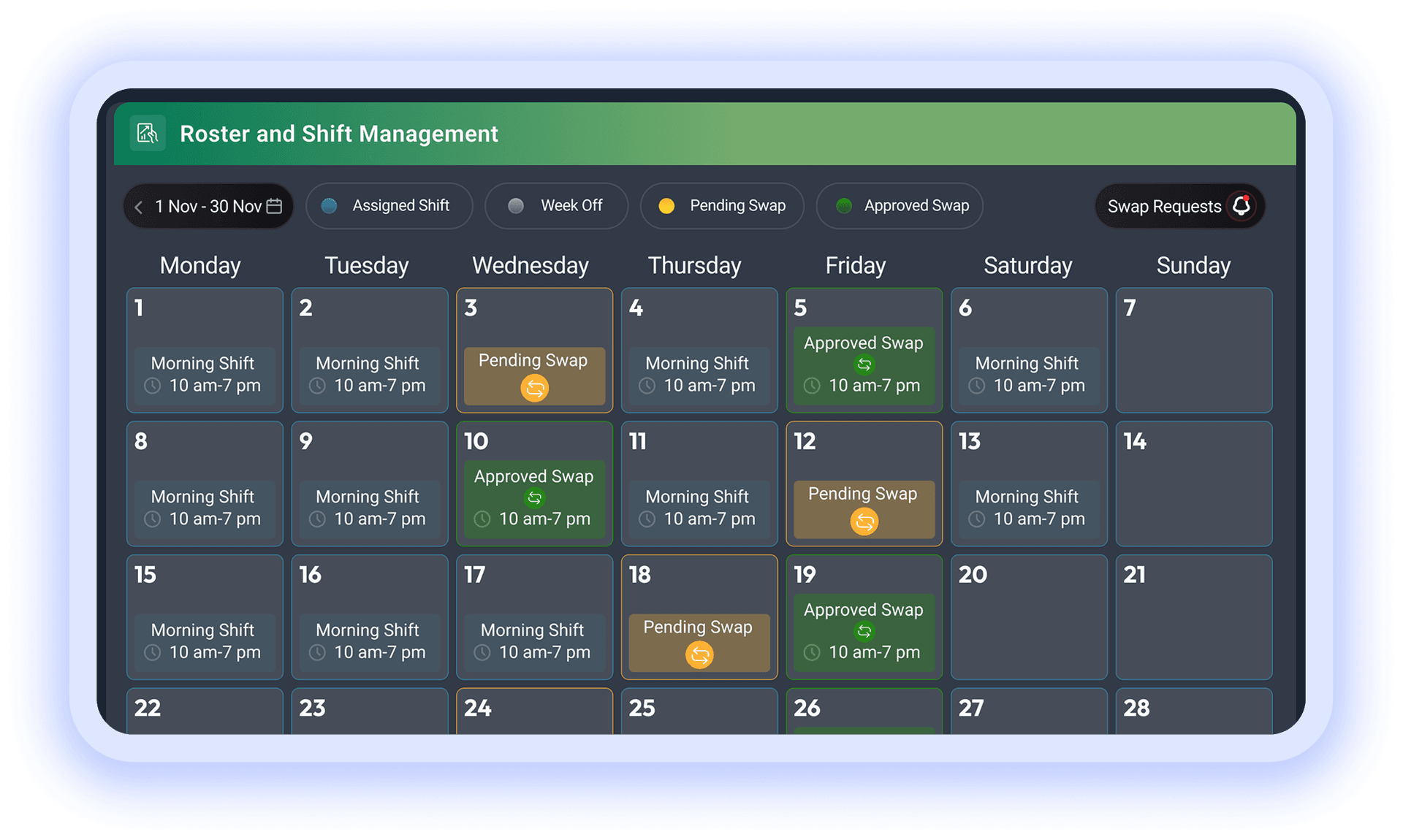 Roster and shift management calendar with swap request legend