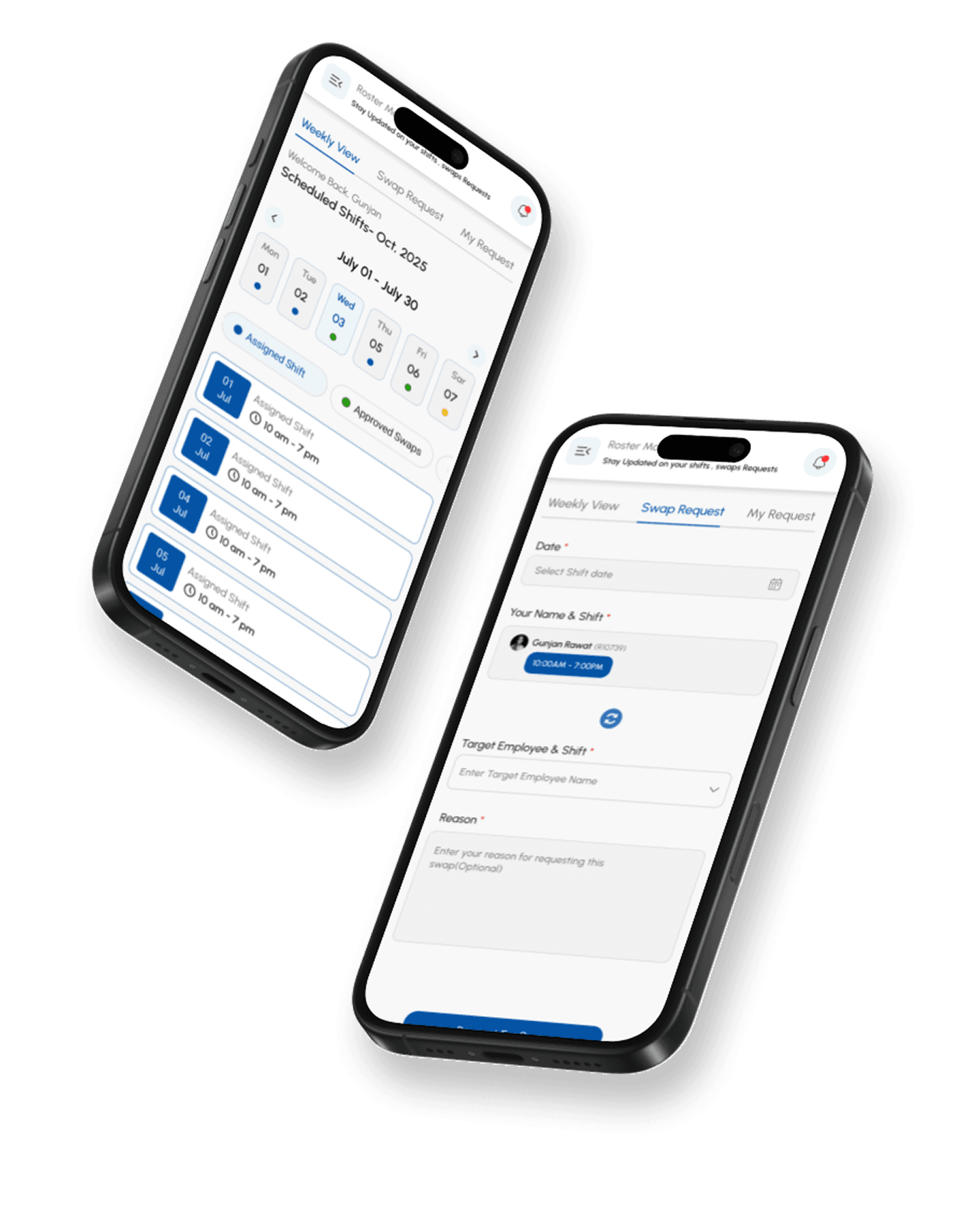 Mobile weekly view and swap request screens for roster management