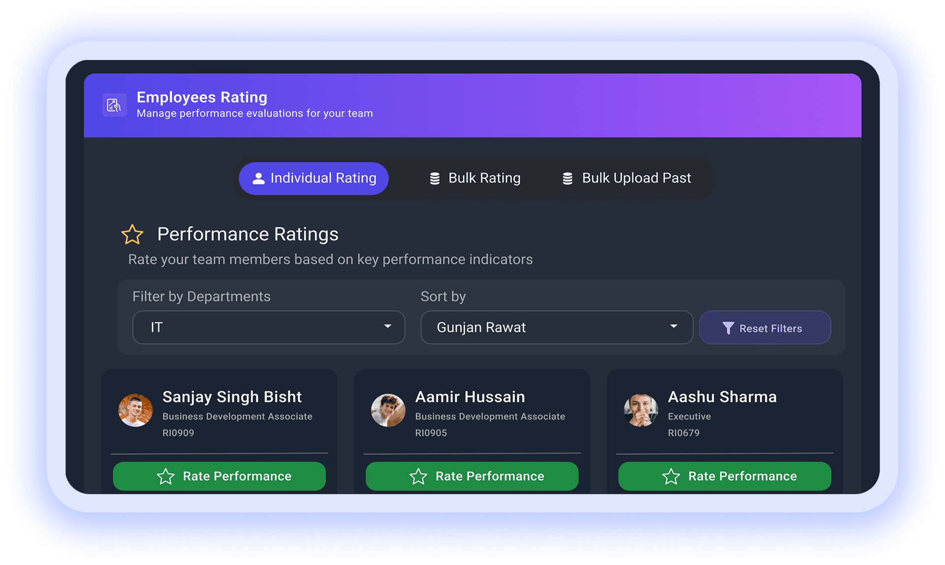 Organisation Performance Analytics dashboard showing employee metrics and report generation filters