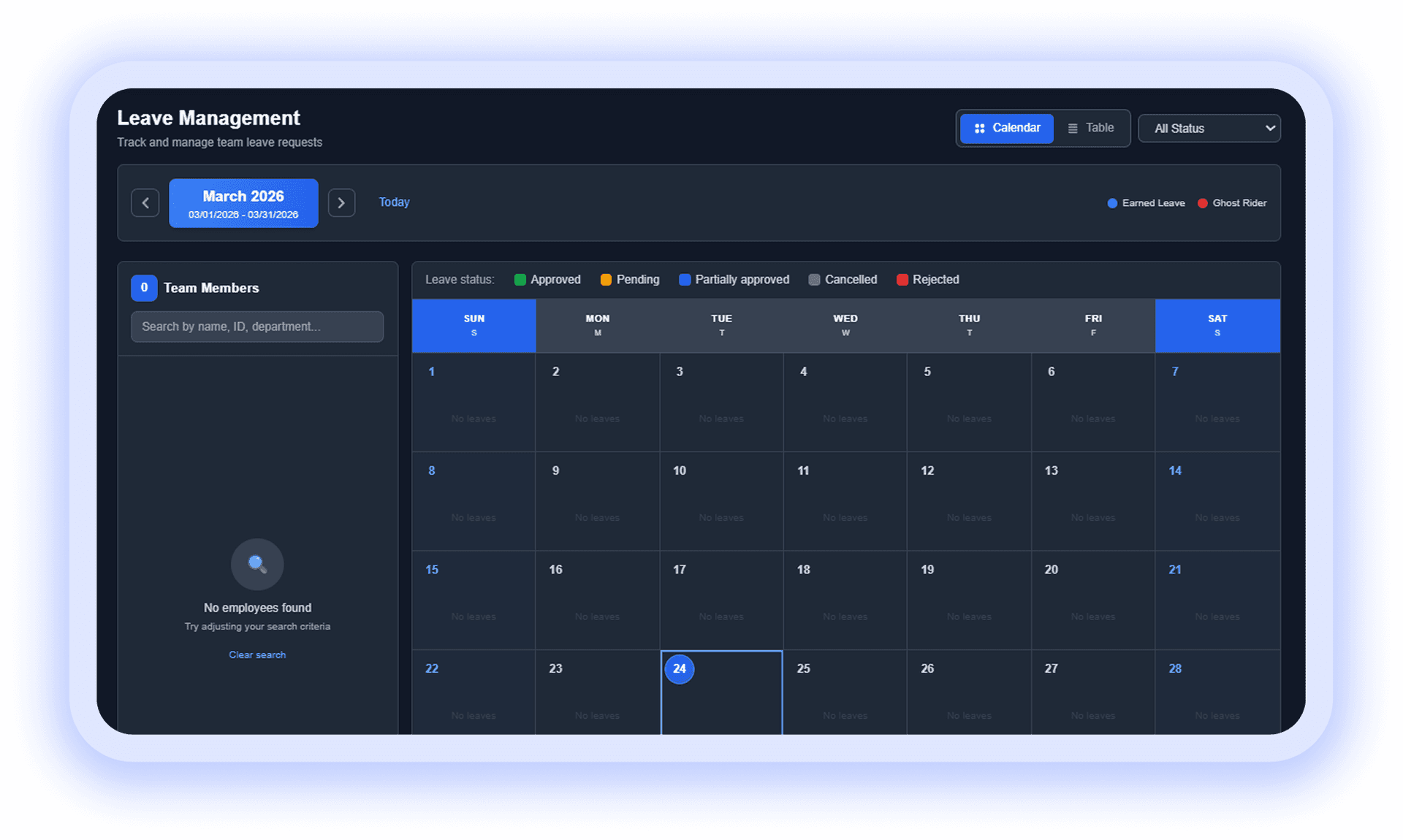Leave management calendar with team members, status filters, and March schedule