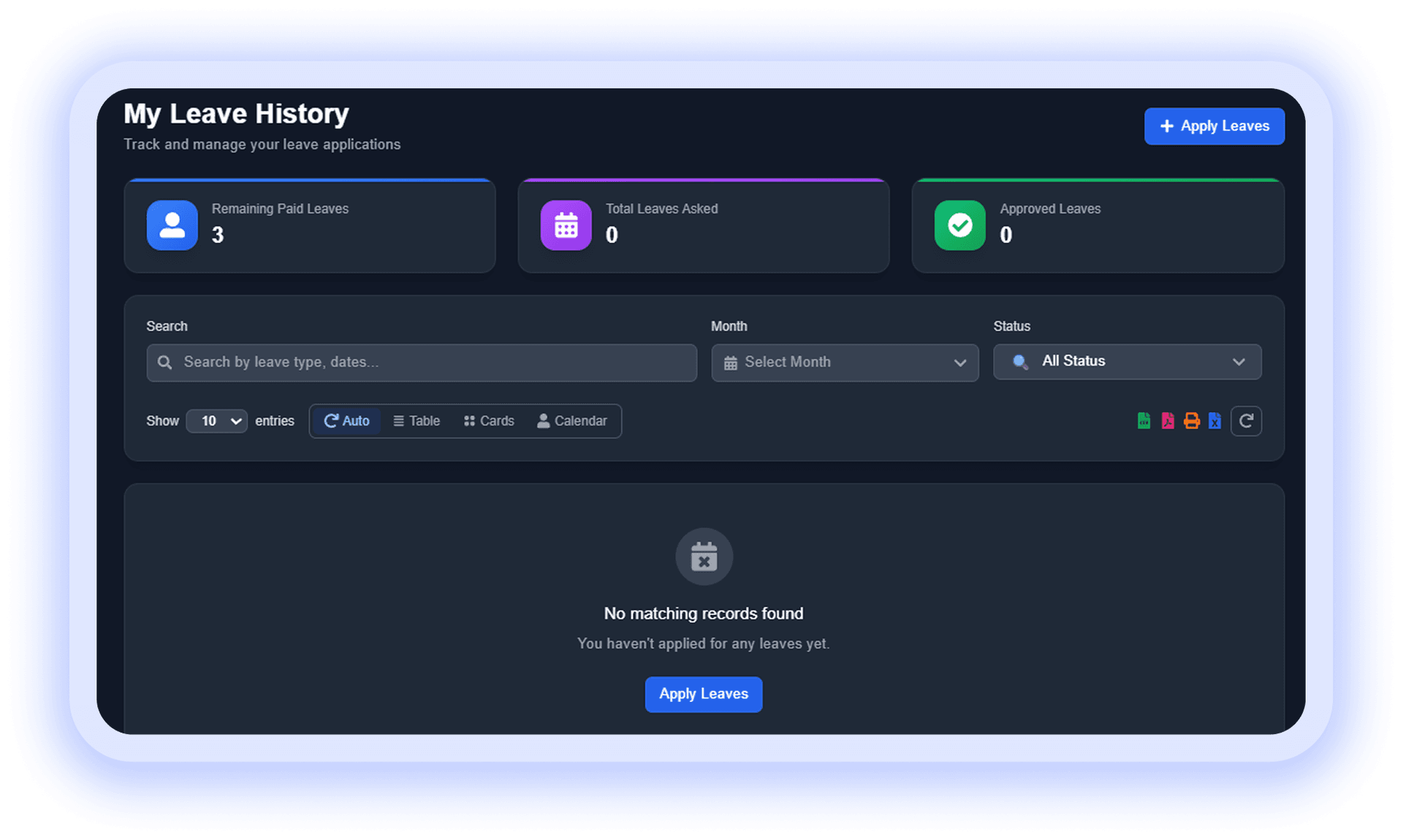 My leave history dashboard with balances, filters, and apply leave actions