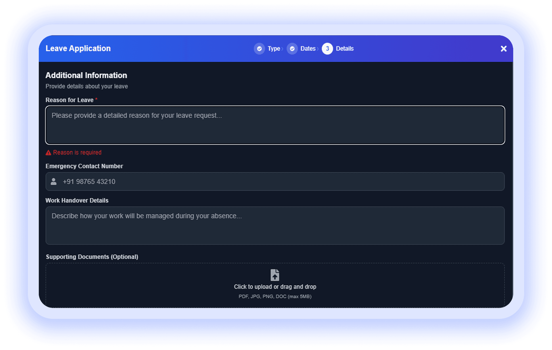 Leave application form with reason, emergency contact, handover, and document upload
