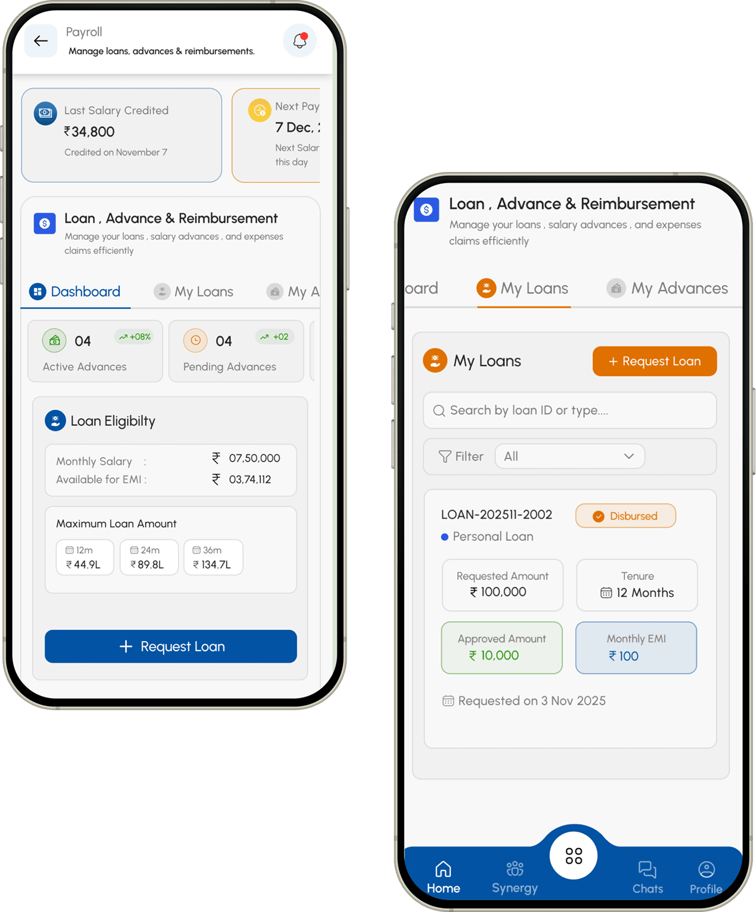 Human Maximizer mobile app showing loans dashboard and loan details