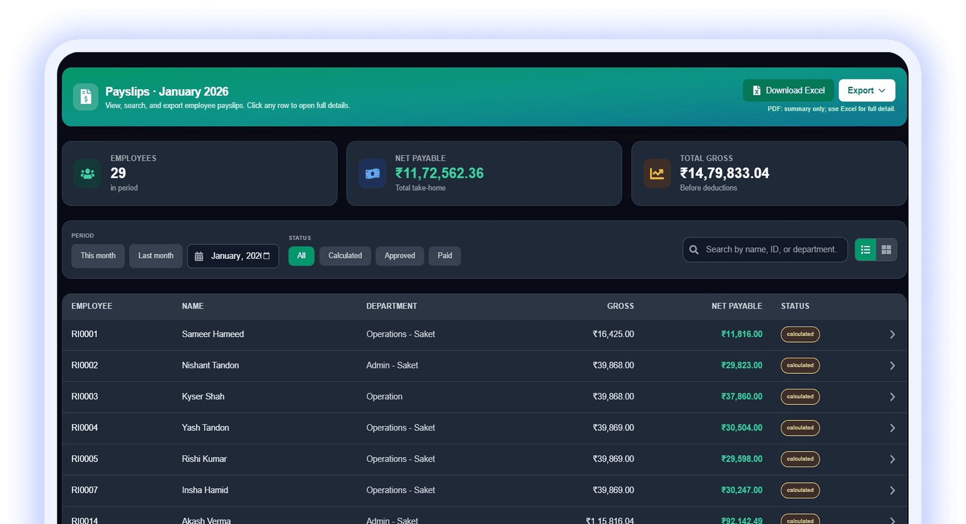 Payroll dashboard showing payslips and employee summary