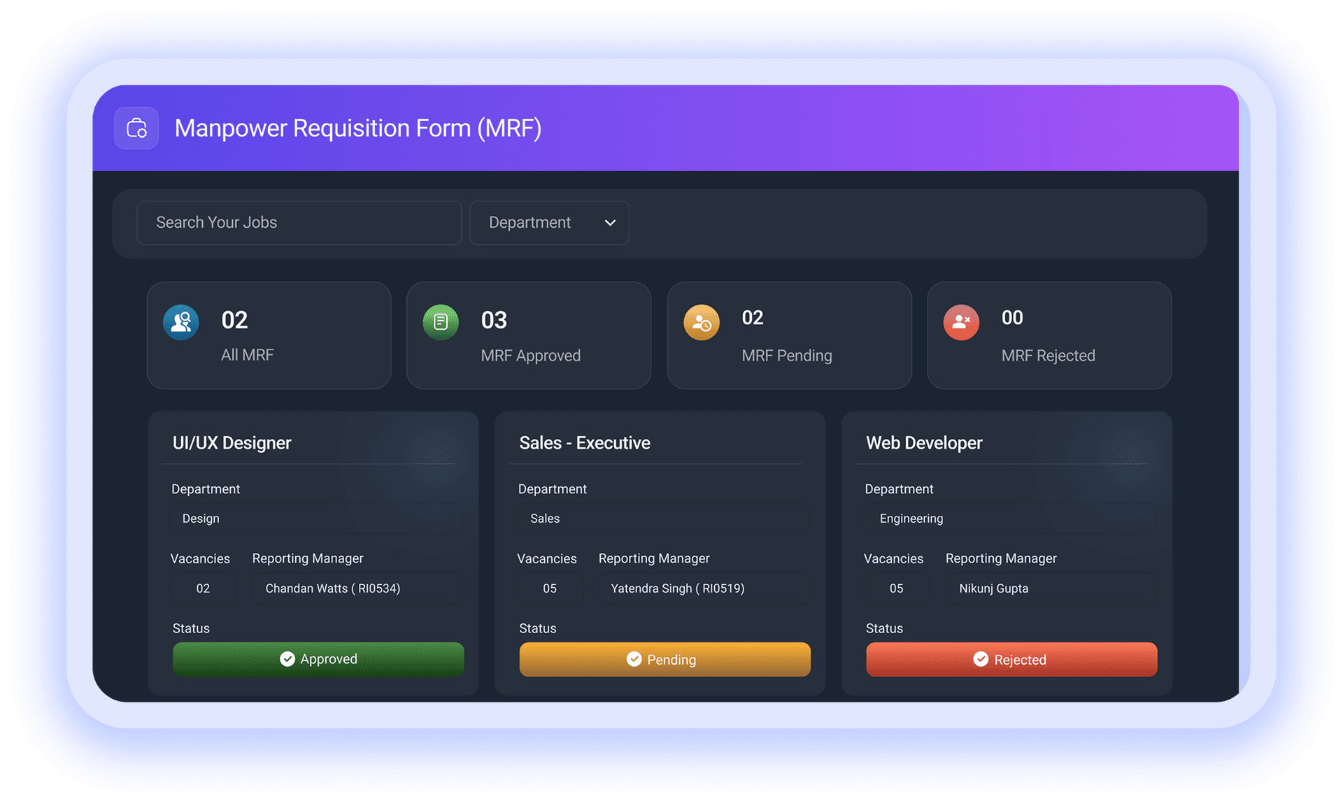 MRF dashboard with approval counts and role cards by status