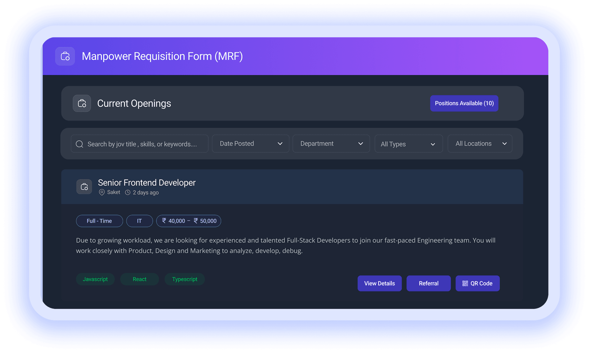 Hiring hub current openings with search, filters, and job detail card