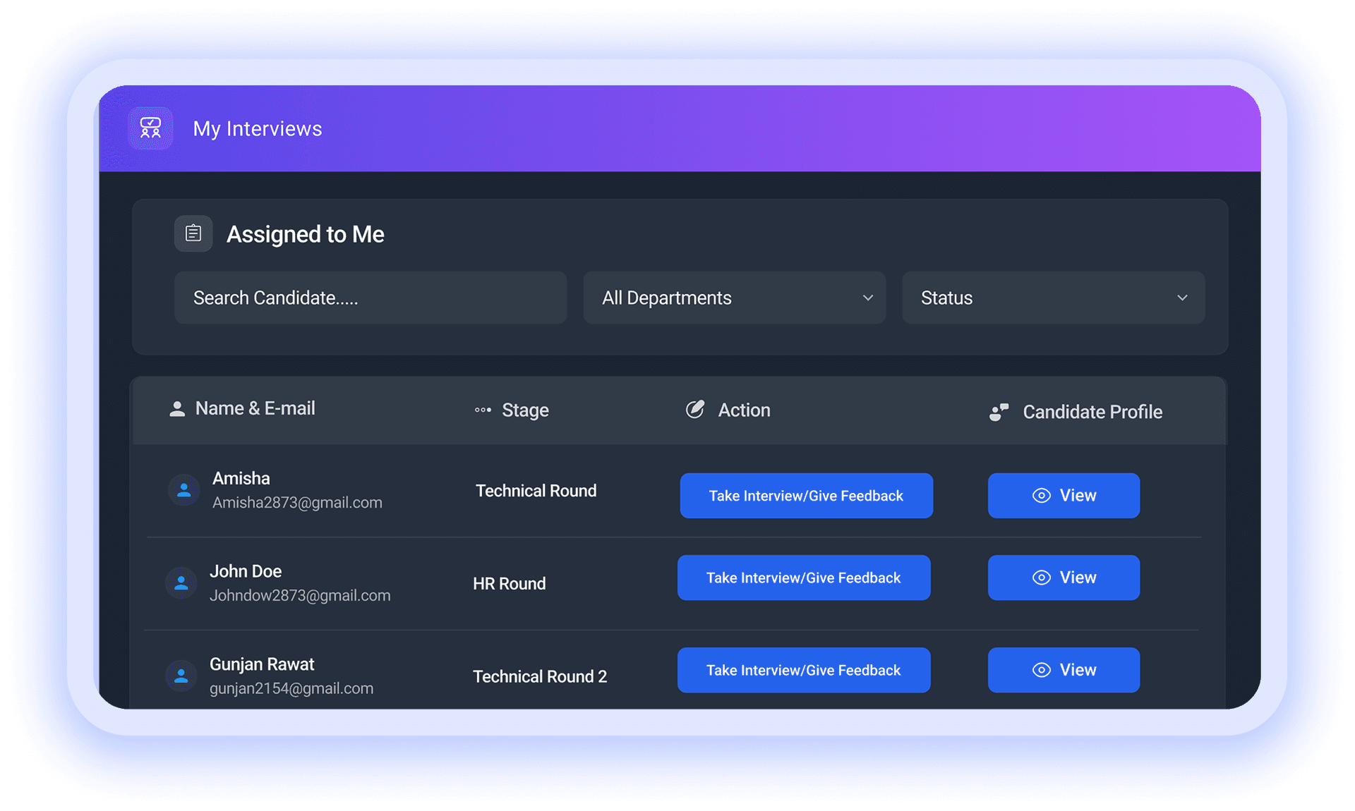 My Interviews list with candidate stage, actions, and profile view