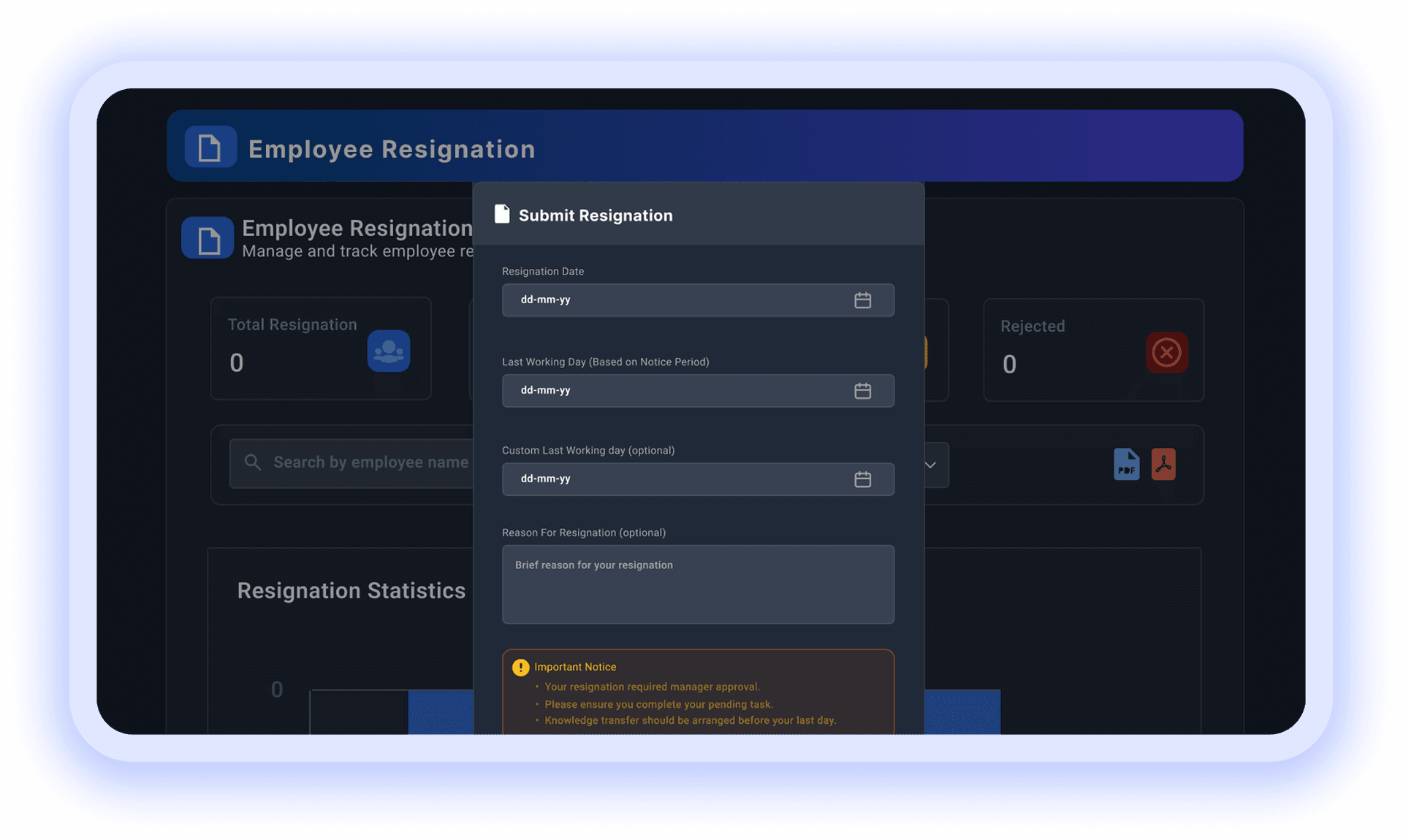 Submit Resignation modal with dates, reason, and important notices