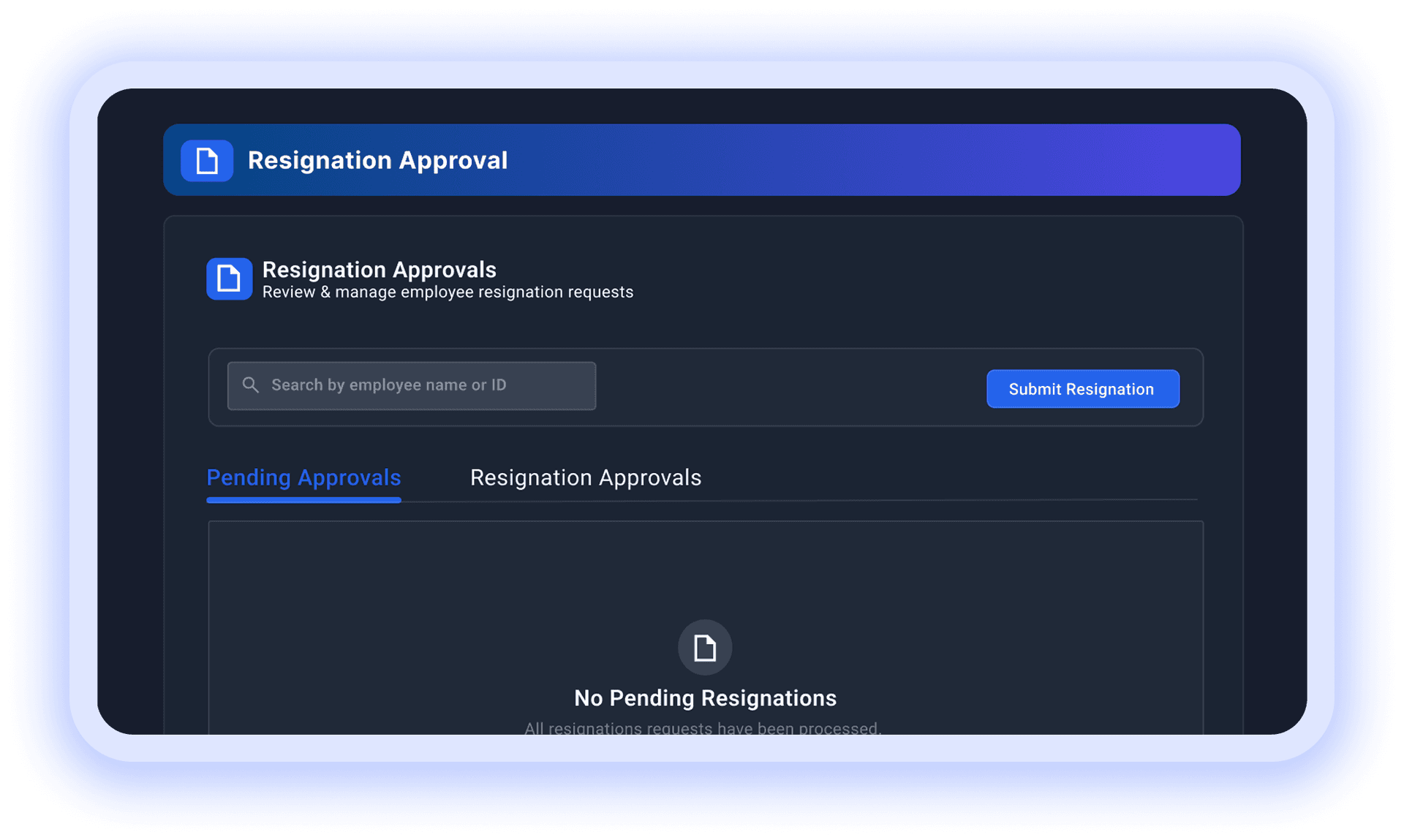 Resignation approvals screen with search, pending tab, and empty state