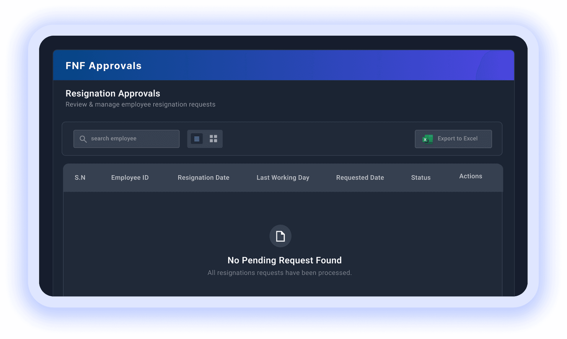 FNF approvals table with employee ID, dates, status, and export options