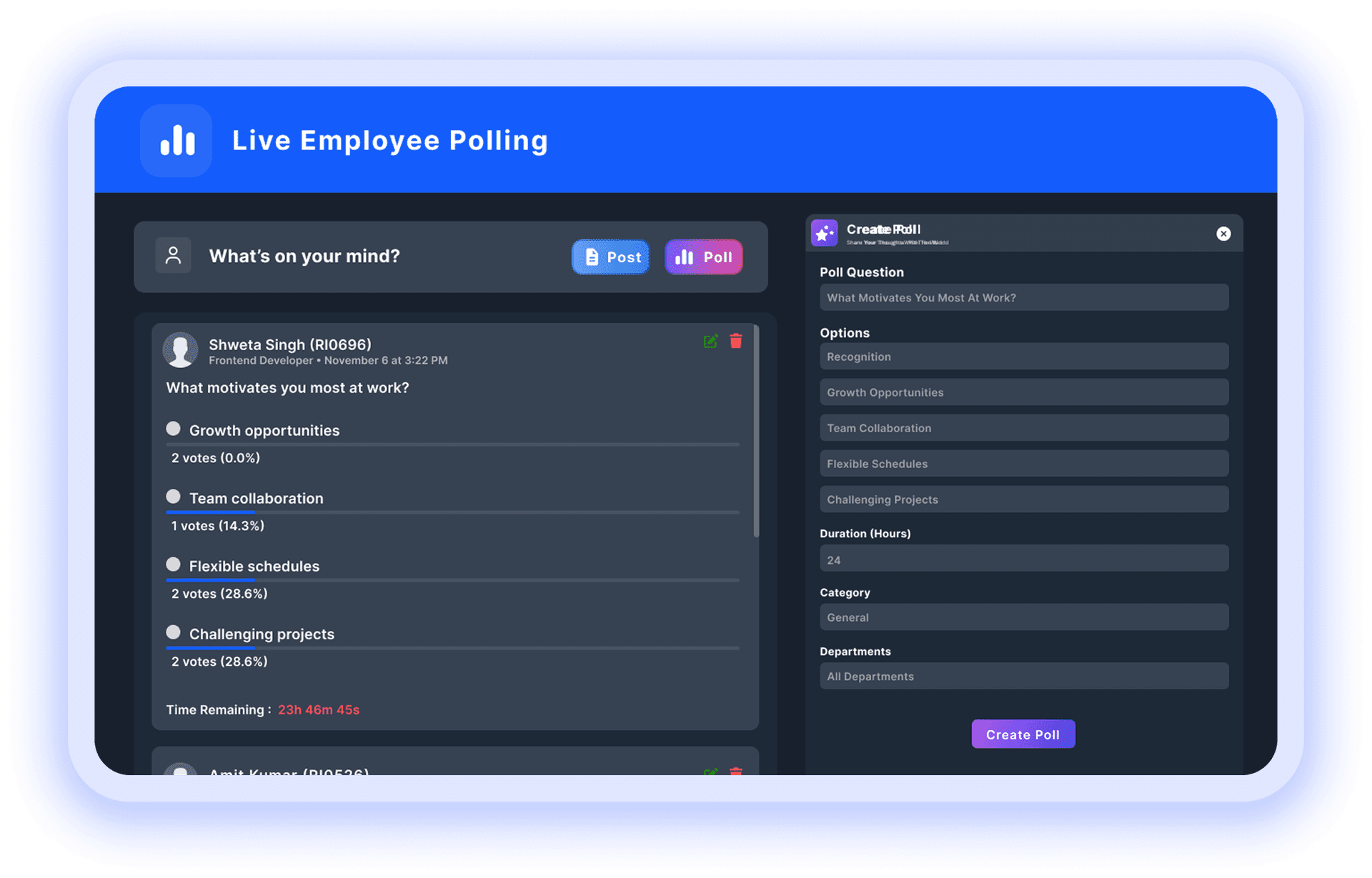 Live employee polling feed with vote counts, time remaining, and create poll panel