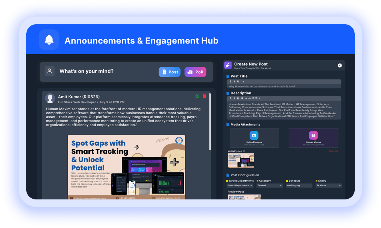 Announcements and engagement hub with feed, new post composer, and media uploads